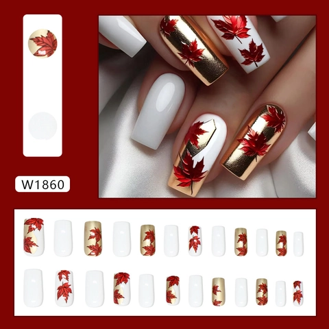 Autumn Maple Leaf Press On Nails Square Artificial Pearl White Gold False Nails ABS Plastic Manicure DIY Fashionable