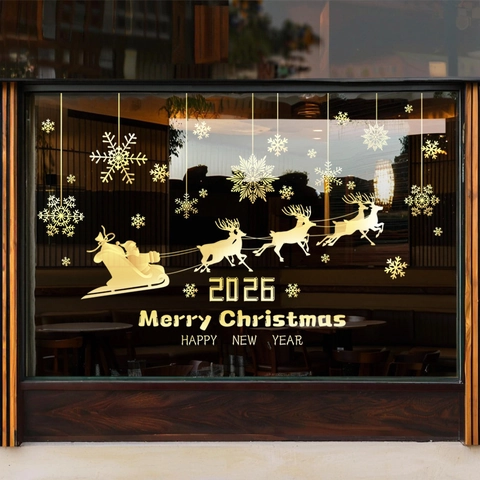 Christmas Window Stickers Golden Reindeer Santa Sleigh Static Cling PVC Glass Decals Festive Holiday Shop Home Decor