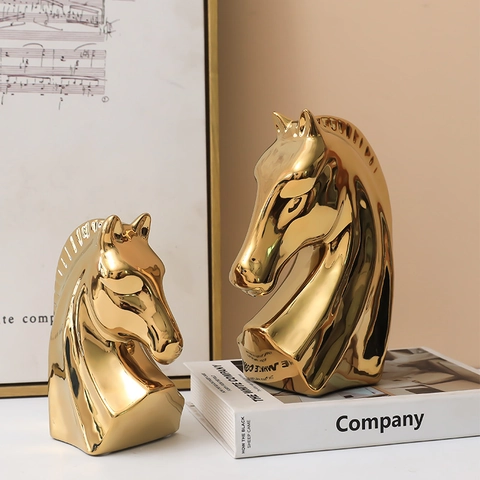 Estatua De Cabeza De Caballo Ornamento Oro Galvanizado Cerámica Nórdica Minimalista Escultura Animal Decoración Lujo Oficina Hogar