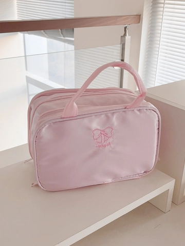 Trousse De Maquillage En Satin Grande Capacité Multi Couches Broderie Noeud Papillon Organisateur Cosmétique Portable Voyage Rose