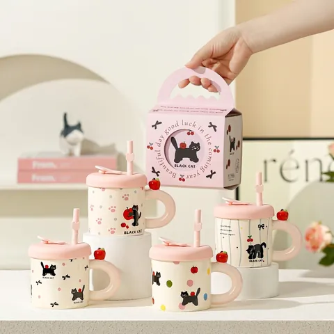 Kawaii Cartoon Black Cat Ceramic Mug With Pink Lid And Straw Cute Apple Handle Water Cup For Office Gift