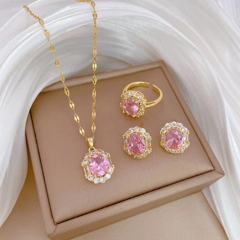 Ovalen Roze Zirconia Ketting Oorbellen Ring Sieraden Verguld Titanium Staal Met Zilveren Oorsteker Luxe Elegant Vrouwen