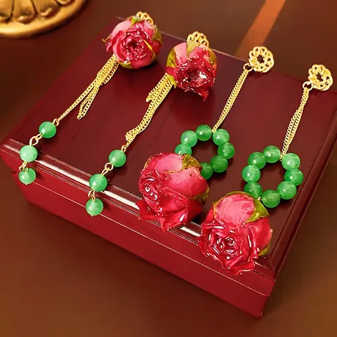 Retro Floral Hängeohrringe Mit Konservierter Rose Grünen Perlen Und Silbernem Ohrstecker Kupfer Elegant Lange Quaste Damen