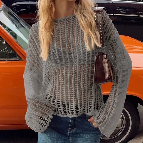 Women Casual Long Sleeve Hollow Out Knit Cover Up Summer Beach Sun Protection Solid Color Loose Pullover Top