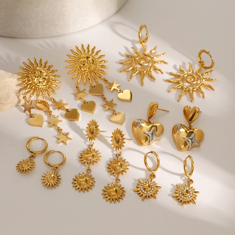 Sonnen Gesicht Stern Herz Hängeohrringe Vergoldeter Edelstahl Hypoallergen Wasserdicht Vintage Schmuck Für Damen