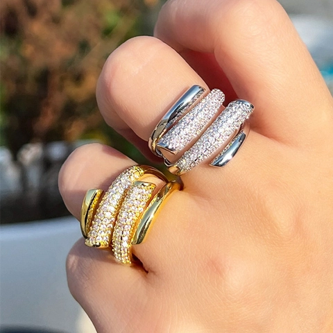 Luxus Mehrlagiger Ring Für Damen Kupfer Eingelegt AAA Zirkonia Blume Krone Offener Ring Verstellbarer Modeschmuck Bankett Geschenk