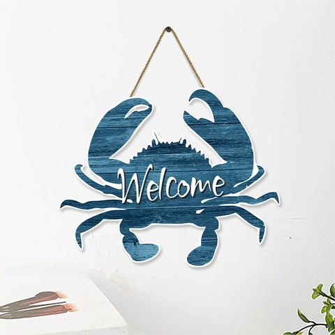 Mediterranean Style Crab Shape Wooden Welcome Sign Ocean Theme Blue Hanging Wall Decor For Home Porch