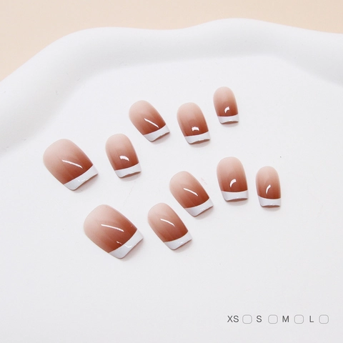 Unghie Finte Press On Sfumatura Francese Rosso Vino Nude Plastica ABS Lucido Corto Quadrato Per Donne