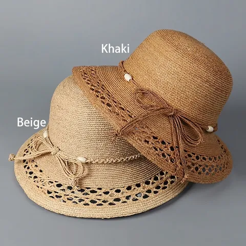 Chapeau De Soleil En Paille De Raphia Pour Femmes Élégant Chapeau De Plage À Bord Large Avec Boucle Coquillage Perles Design Ajouré