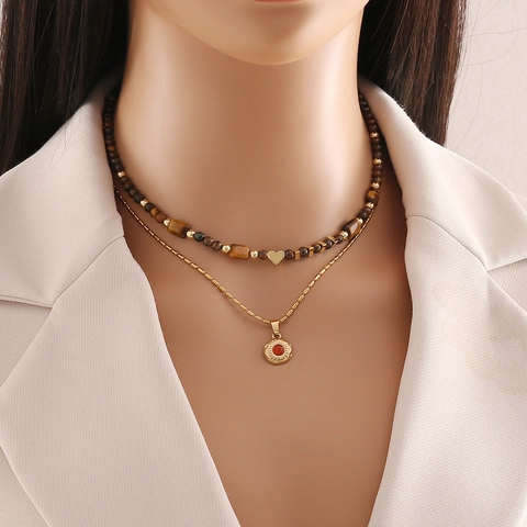 Collana Retro In Pietra Occhio Di Tigre Perline Fatte A Mano Ciondolo A Cuore Set Gioielli Acciaio Inossidabile Rame Donna