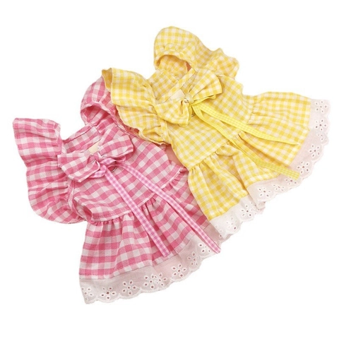 Gingham Karo Haustier Kleid Mit Spitzenbesatz Schleife Dekoration Und D-Ring Britischer Stil Süße Kleidung Für Kleine Hunde Katzen