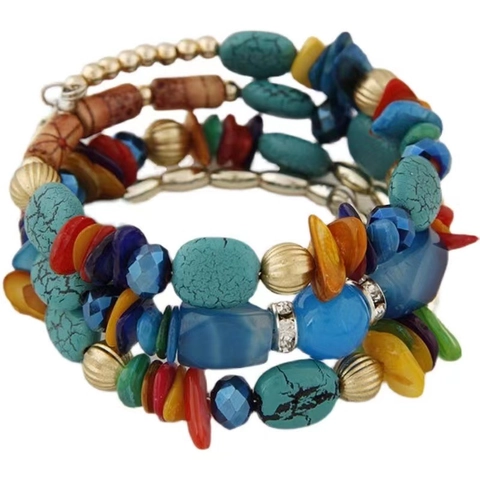 Bohemian Multi-layer Beaded Bracelet For Women Vintage Ethnic Stackable Alloy Shell Simulated Turquoise Stone Wrap Bangle