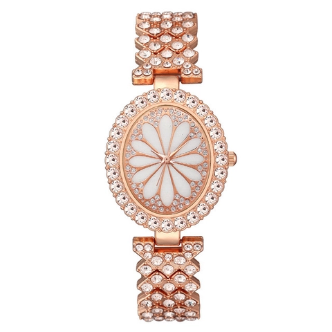 Damen Quarzuhr Full Strass Legierung Ovales Zifferblatt Gänseblümchen Blumenmuster Armband Mode Schmuck Armbanduhr