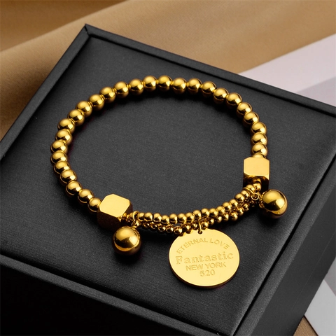 Pulsera De Cuentas De Acero De Titanio Colgante Redondo Grabado Eternal Love Fantastic New York Joyería Mujer