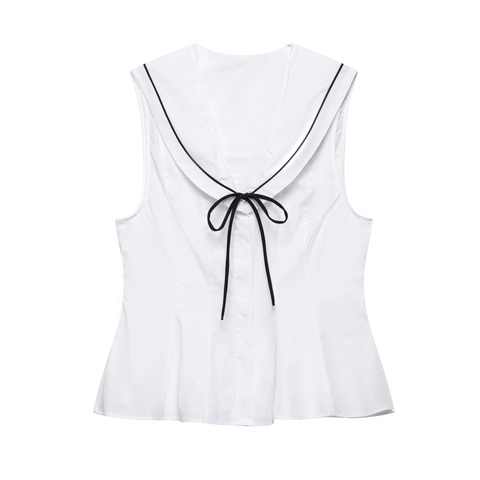 Damen Matrosenkragen Ärmellos Top Preppy Stil Kontraststreifen Schleife Weiß Polyester Bluse Hemd Lässig Sommer Mode