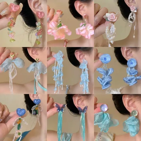 Bloem Vlinder Druppeloorbellen Met Zilveren Oorsteker Legering Kristal Kwastje Zoete Vakantiestijl Mode Sieraden Vrouwen