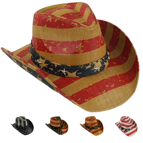 Vintage American Flag Cowboy Hat Paper Straw Stars And Stripes Retro Wide Brim Sunshade Beach Party Accessory
