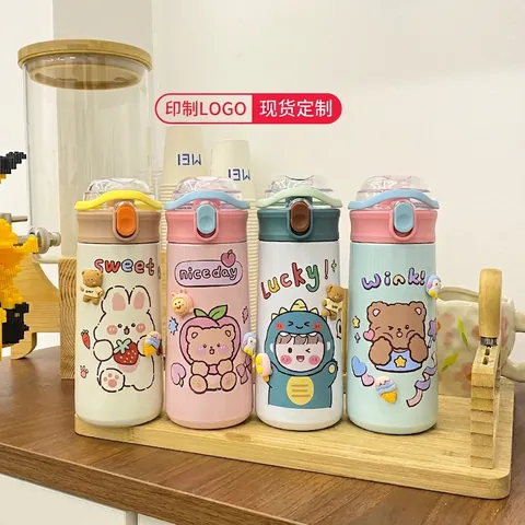 Tasse Isotherme Portable en Acier Inoxydable Avec Paille Motif de Dessin Animé Mignon Ours Dinosaure Bouteille Isotherme pour Étudiants Bureau Maison Cadeau