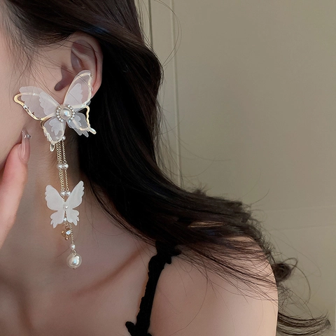 Orecchini Pendenti Nappine Farfalla Tessuto Bianco Lega Strass Perla Artificial E Perno In Argento Sterling 925 Retro Per Donna