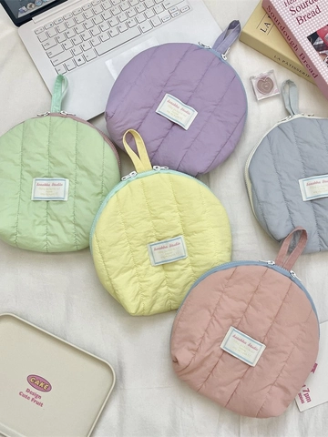Round Quilted Cosmetic Bag Polyester Portable Makeup Organizer Travel Toiletry Pouch Zipper Handle Soft Macaron Color
