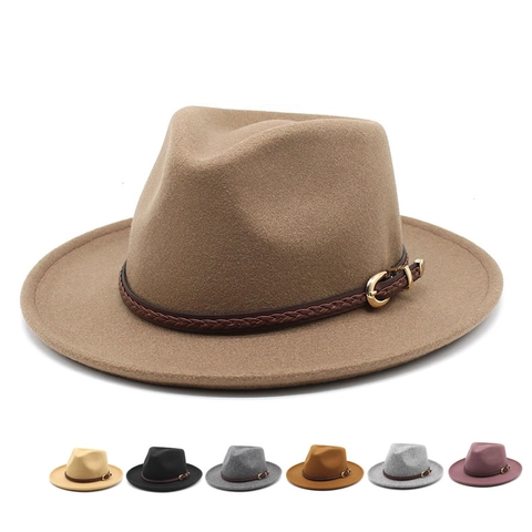Vintage Woolen Felt Fedora Hat Wide Flat Brim Braided Leather Band Gold Metal Buckle Classic Unisex Jazz Cap