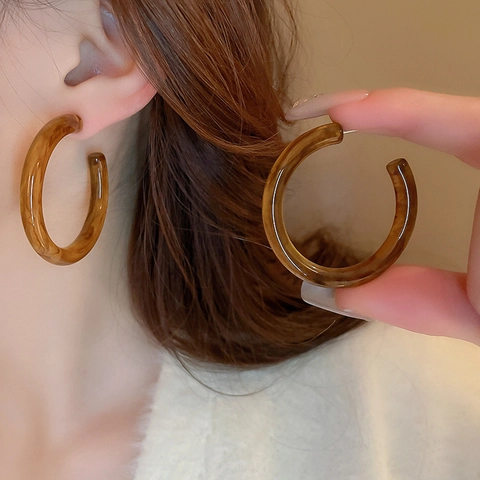 C-Form Harz Creolen Mit Silberohrstecker Retro Geometrisch Bernstein Schildpatt Muster Minimalistisch Für Damen