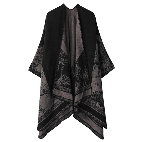 Damen Vintage Schal Cape Poncho Doppelseitig Dick Warm Kaschmirimitat Wendbare Umhüllung Oberbekleidung