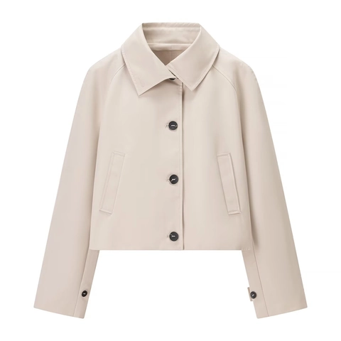 Women Short Trench Coat Lapel Collar Buttoned Front Polyester Twill Jacket With Pockets Long Sleeve Elegant Outerwear