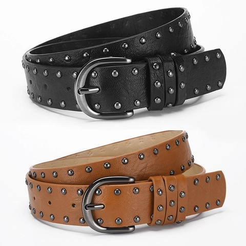 Dames PU Lederen Riem Dubbele Rij Metalen Klinknagels Gesp Retro Punk Mode Decoratief Voor Jeans