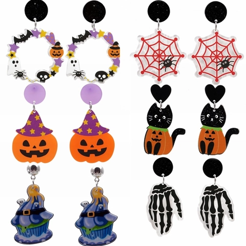 Halloween Ohrringe Für Damen Acryl Kürbis Schwarze Katze Spinnennetz Totenkopf Hand Cartoon Gruselige Party Kostüm Zubehör