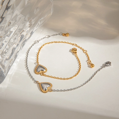 Bracciale Con Ciondolo A Cuore Acciaio Inossidabile Bicolore Trama Scanalata Gioielli Da Donna