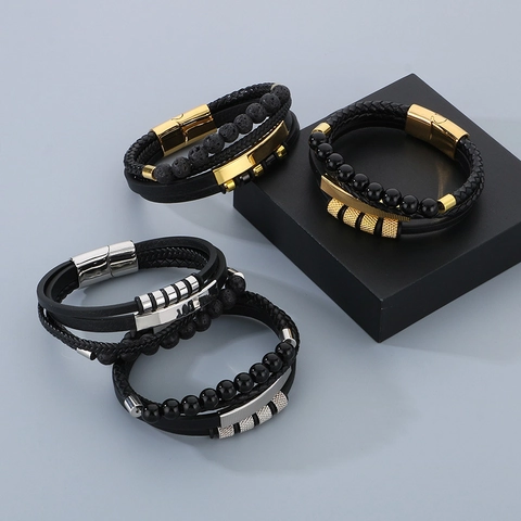 Bracelet Multi-rangs En Cuir Tressé Pour Homme Avec Pierre De Lave Volcanique Et Fermoir Magnétique En Acier