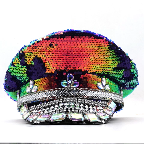 Sombrero De Capitán Con Lentejuelas Gorra Militar Brillante De Pedrería Para Fiesta Boda Festival De Música