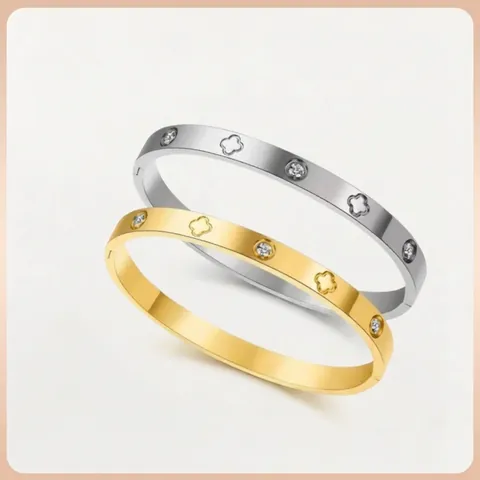 Lussuoso Bracciale Rigido in Acciaio Inossidabile con Quadrifoglio e Strass per Donna Oro Argento Oro Rosa Gioielli