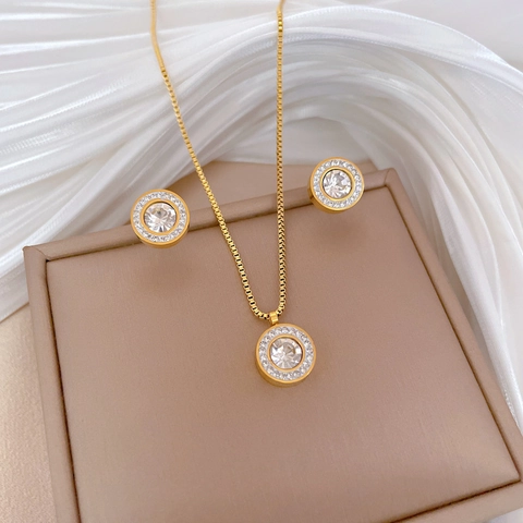 Minimalist Round Halo Pendant Necklace And Stud Earrings Titanium Steel Zircon Rhinestone Jewelry For Women