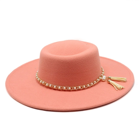 Flat Top Boater Hat Wool Felt Wide Brim With Artificial Pearl Chain And Tassels Elegant Vintage Style For Women