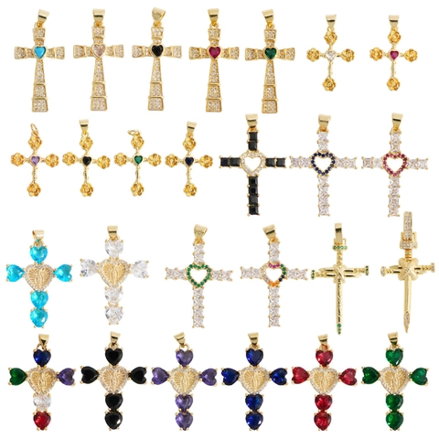 Kupfer Kreuz Anhänger Halskette Vergoldet Micro Pave Herz Bunter Zirkon Religiöse Jungfrau Maria Rose Blume Damen
