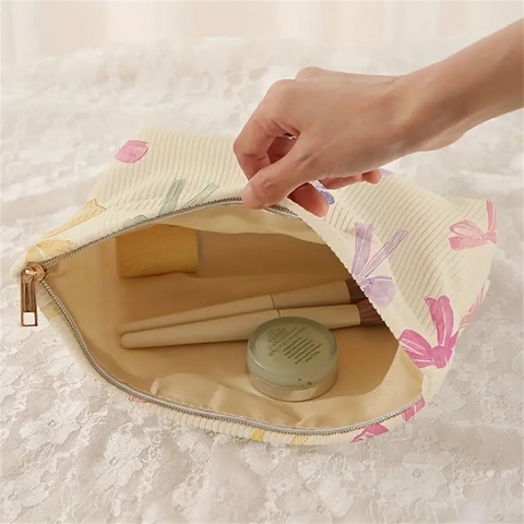 Bow Print Corduroy Makeup Bag For Women Cute Lightweight Cosmetic Storage Case With Zipper Travel Portable Organizer