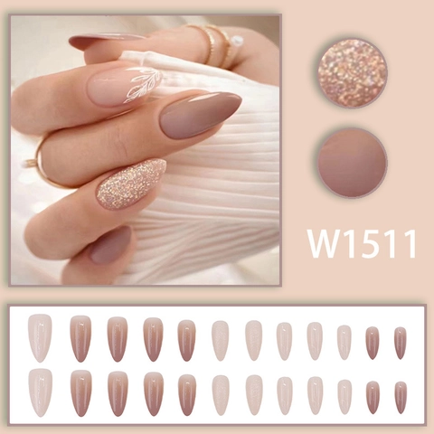 Press On Nails Amandelvorm Nude Gradiënt Wit Bladpatroon Glitter Elegante Kunstnagels Voor Dames
