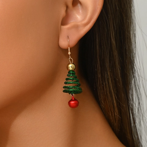 Boucles D'oreilles En Alliage Sapin De Noël Avec Spirale Pailletée Verte Et Cloche Rouge Perle Dorée Bijoux De Fête