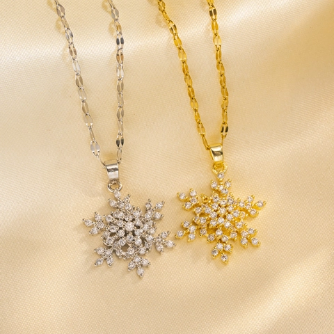 Collier Pendentif Flocon De Neige Rotatif Acier Titane Zircone Bijoux Étincelants Pour Femmes Élégant