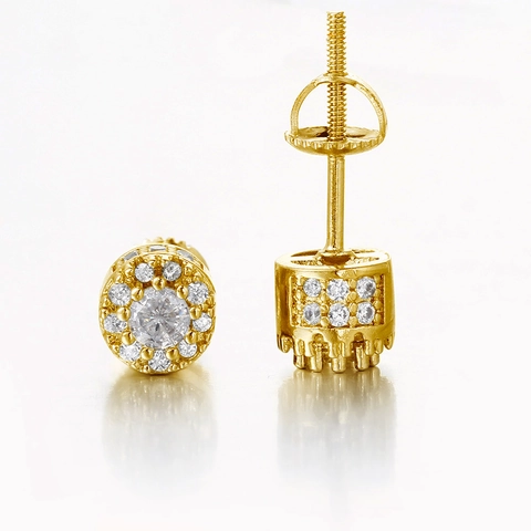 Hip Hop Iced Out Zirconia Round Stud Earrings For Men Women Copper Gold Silver Plated Screw Back Earrings Fashion Jewelry