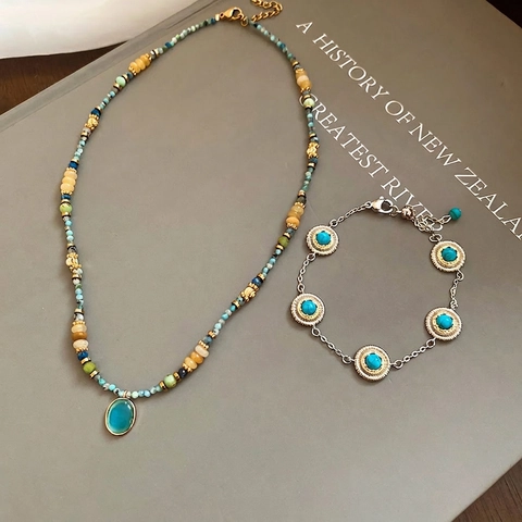 Vintage Bohemian Perlenkette Und Armband Ovaler Katzenauge Anhänger Runder Türkis Stein Überzogene Legierung Accessoire