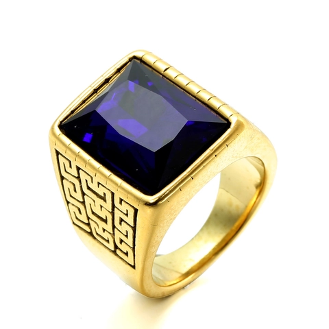Men Vintage Ring Stainless Steel Square Gemstone Greek Key Pattern Retro Geometric Signet Style Jewelry