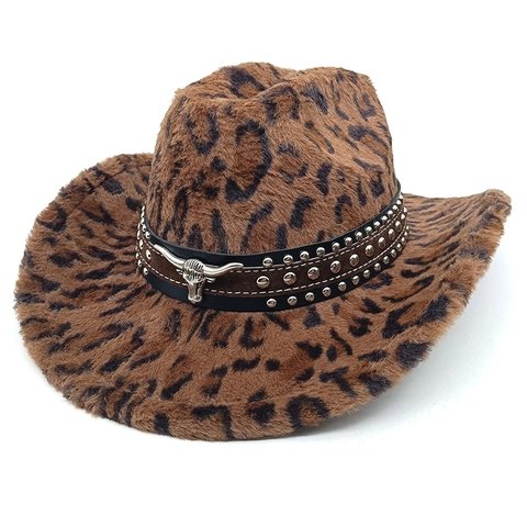 Cappello Da Cowboy Occidentale Con Stampa Leopardata Pelliccia Sintetica Con Testa Di Toro In Metallo Rivetto Fascia In Pelle Tesa Larga Retro Caldo Unisex