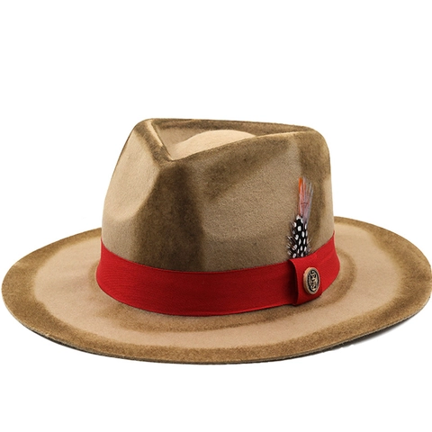 Vintage Wollen Vilt Fedora Hoed Brede Platte Rand Distressed Jazz Western Cowboy Zonnehoed Met Lint Veer Voor Unisex