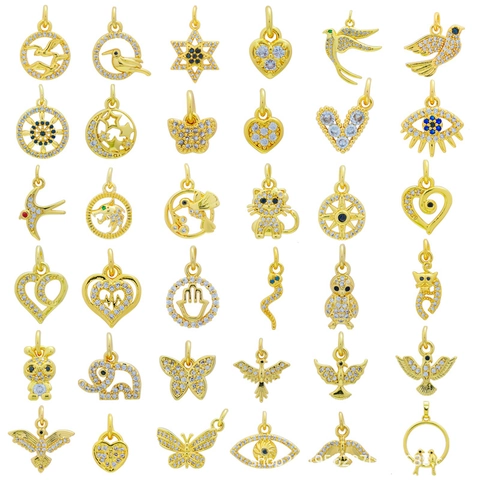 Zircon Charms Pendants 18K Gold Plated Copper DIY Animal Bird Butterfly Heart Evil Eye For Necklace Making