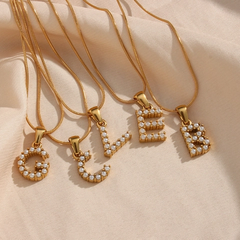 Stainless Steel Alphabet Pendant Necklace For Women Artificial Pearl Letter Initial Gold Plated Snake Chain Fashion Jewelry Gift