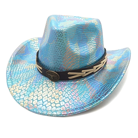 Cappello Da Cowboy Western Olografico Pelle Di Serpente Arcobaleno Testa Di Toro Poliestere Tesa Larga Festa