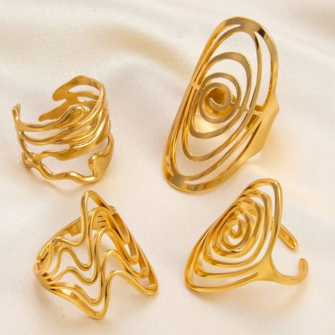 Irregular Geometric Open Ring 18K Gold Plated Stainless Steel Waterproof Hypoallergenic Hollow Spiral Adjustable Jewelry